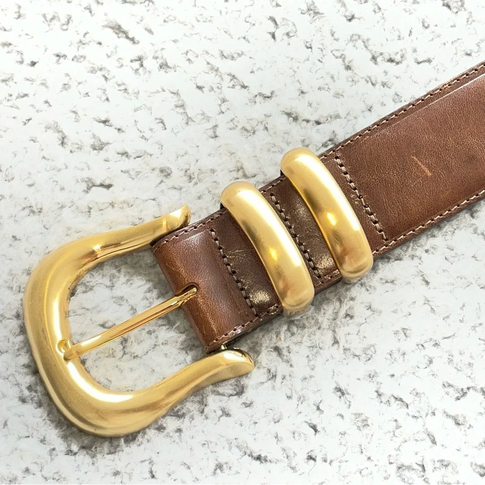 VTG Brighton Leather Belt Size M Brown Gold Buckle USA Made Chunky Double Keeper